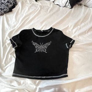 SHEIN Butterfly Rhinestone Stitch Detail Tee